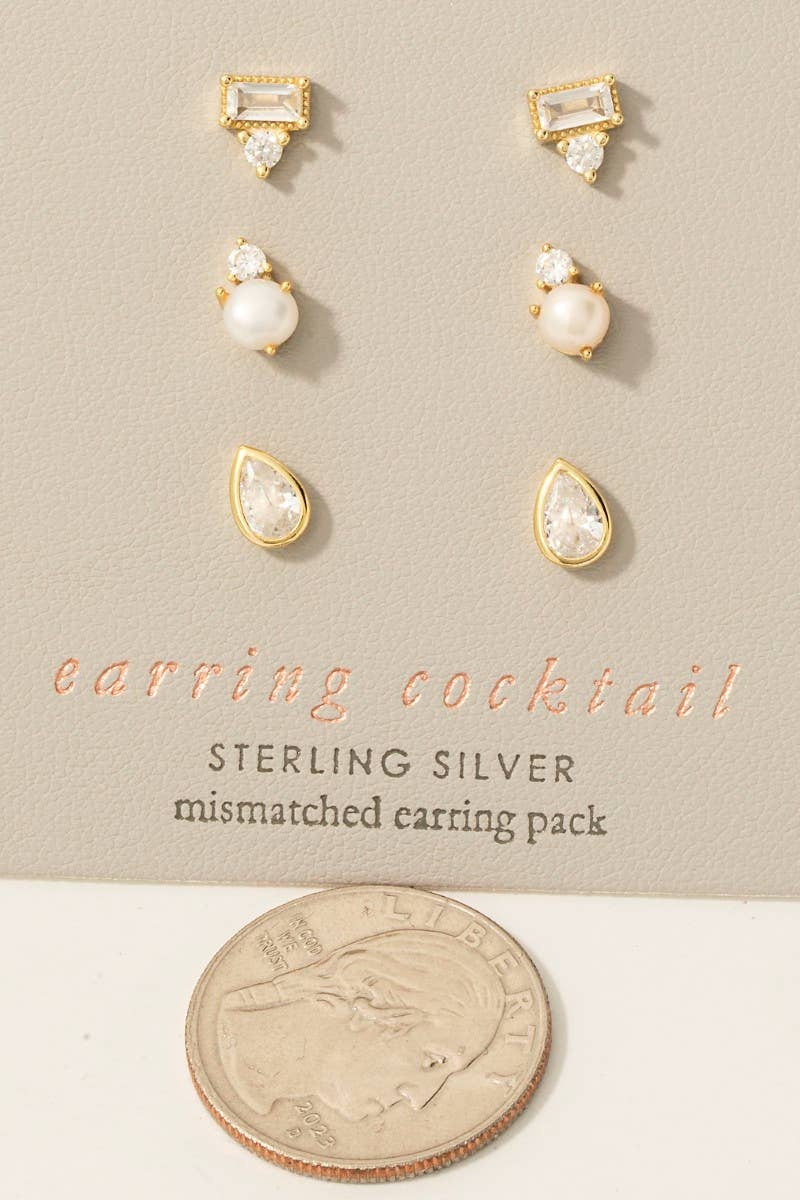 Sterling Silver Cz Tear And Pearl Stud Earrings Set