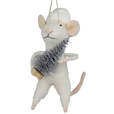 Felt Mouse Ornament - White Mouse with Silver Tree Ornament