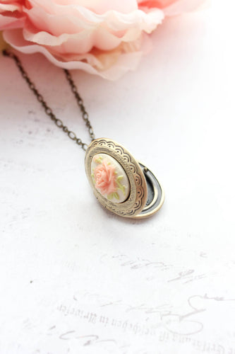 Cameo Photo Locket Necklace - Peach Rose - Front & Company: Gift Store