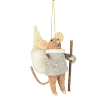 Load image into Gallery viewer, Felt Mouse Ornament :  Felt hiking mouse orn,/wht bpack/brwn walk stick,5in
