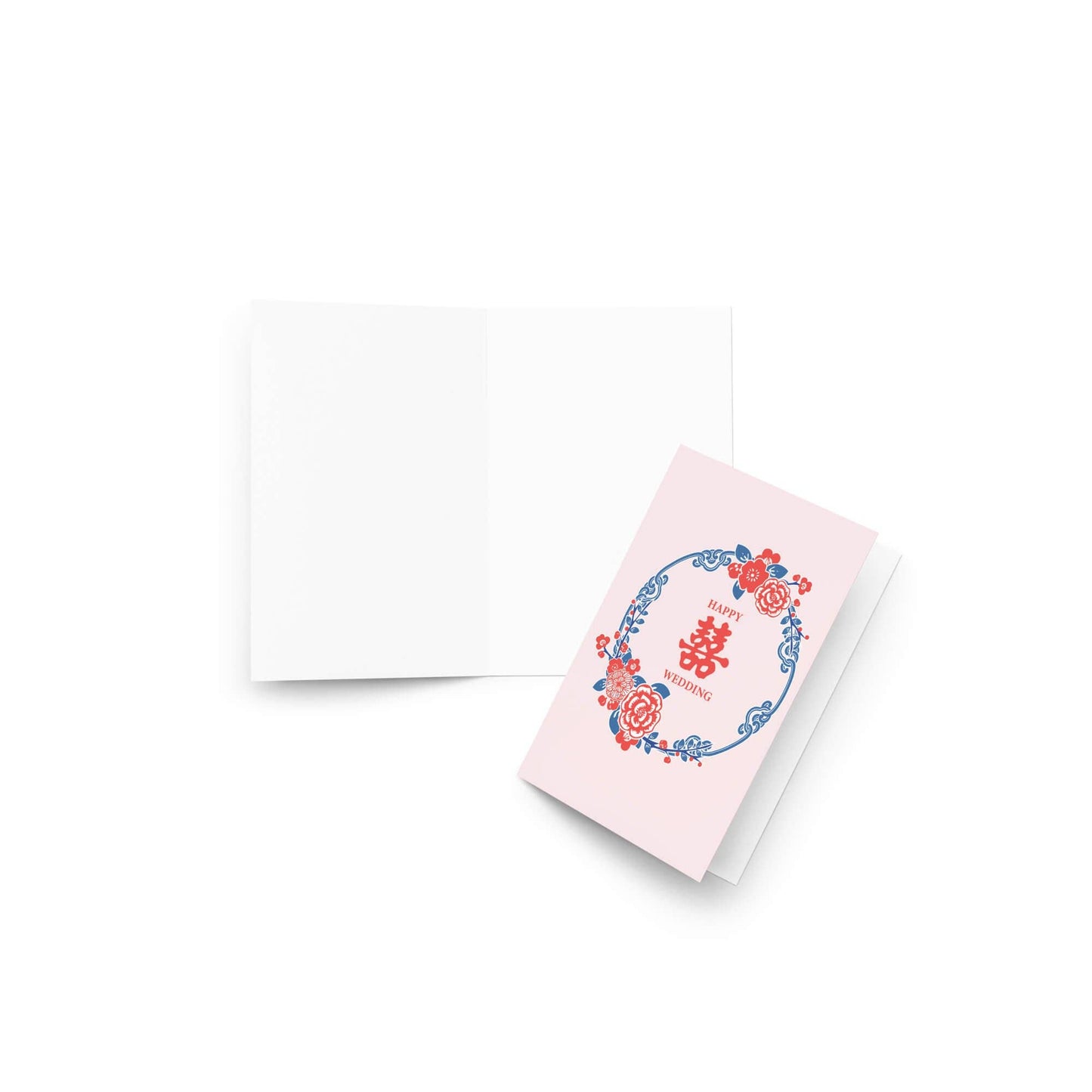 Pink Double Happiness Asian Wedding Cards | Wreath Greeting Newlyweds