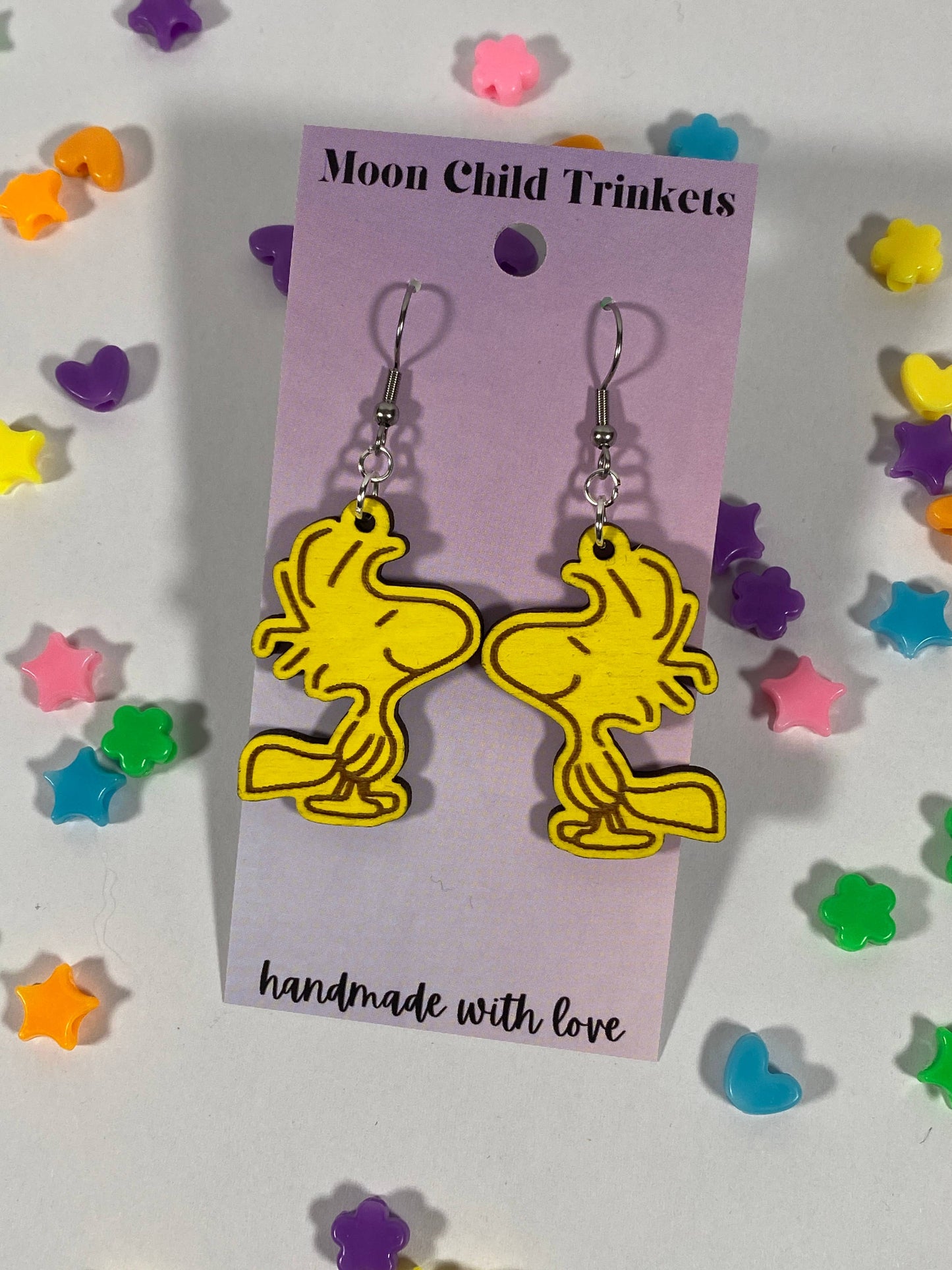 Cartoon Comic Yellow Bird Hand Painted Wood Dangle Earrings