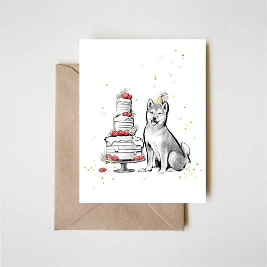 Happy Puppy Birthday Cake Greeting Card | Sumi-e Ink Shiba