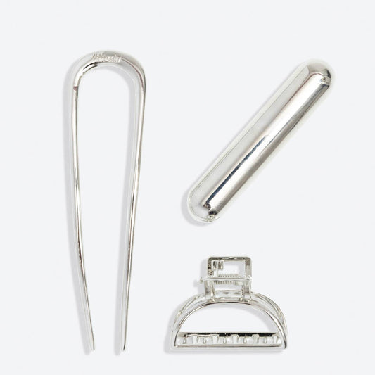 Mini Metal French Hair Pin & Clips 3pc Set - Silver