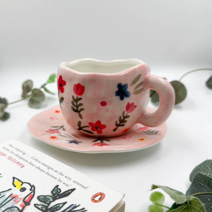 Pink flower ceramic mug and saucer, Folk hand painted mug