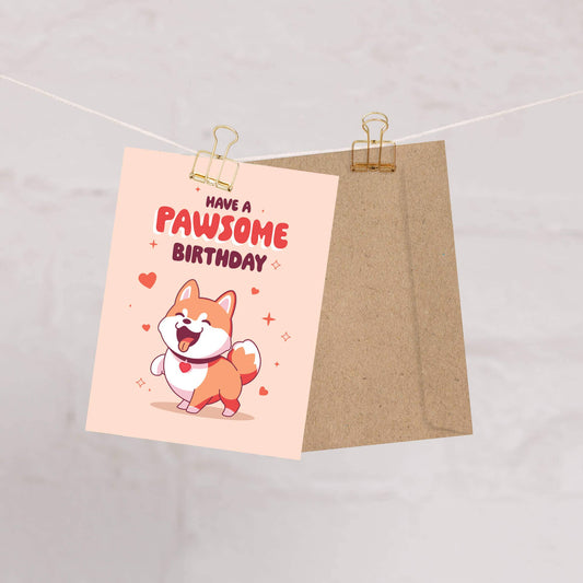 Paw-some Birthday Card | Shiba Inu Dog Japanese Kawaii Asian Funny Pun