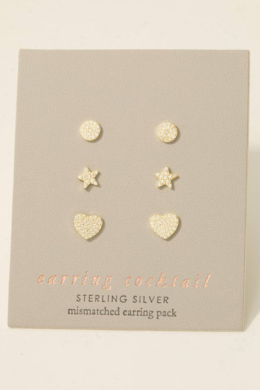 Sterling Silver Cz Pave Star Heart Disc Stud Earrings Set