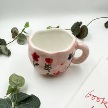 Load image into Gallery viewer, Pink flower ceramic mug and saucer, Folk hand painted mug
