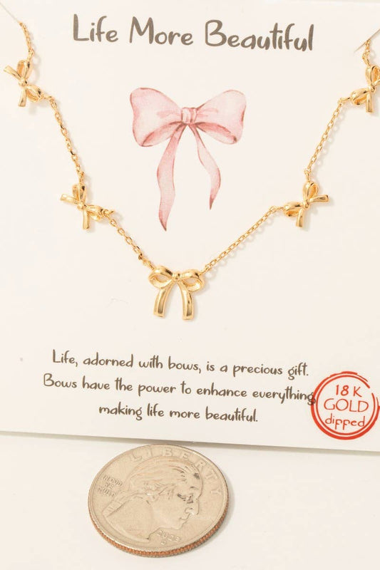 Gold Dipped Mini Ribbon Bow Station Charms Chain Necklace