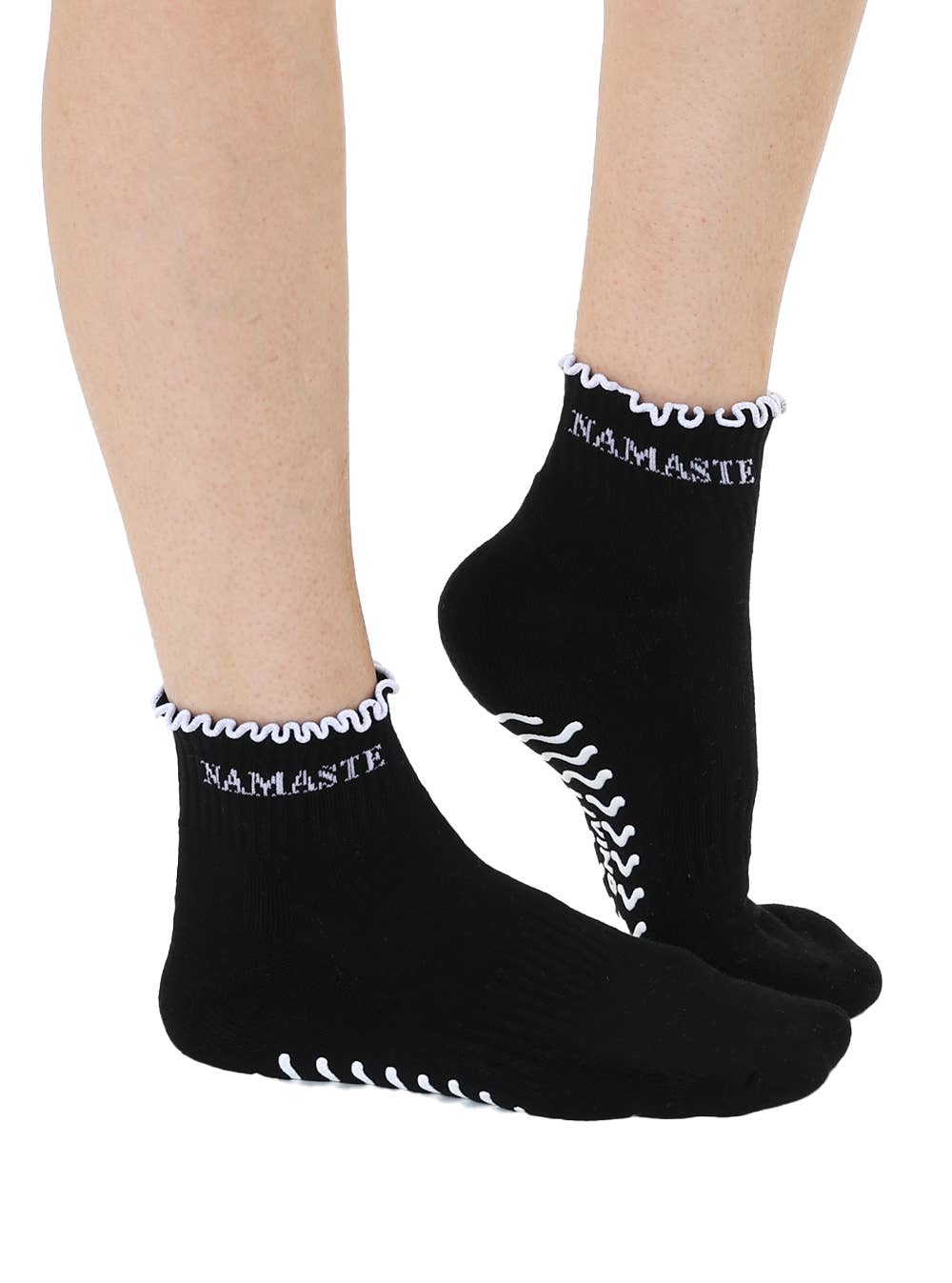 Bottom Grip Ankle Socks w/ Ruffles - "Namaste" - Black