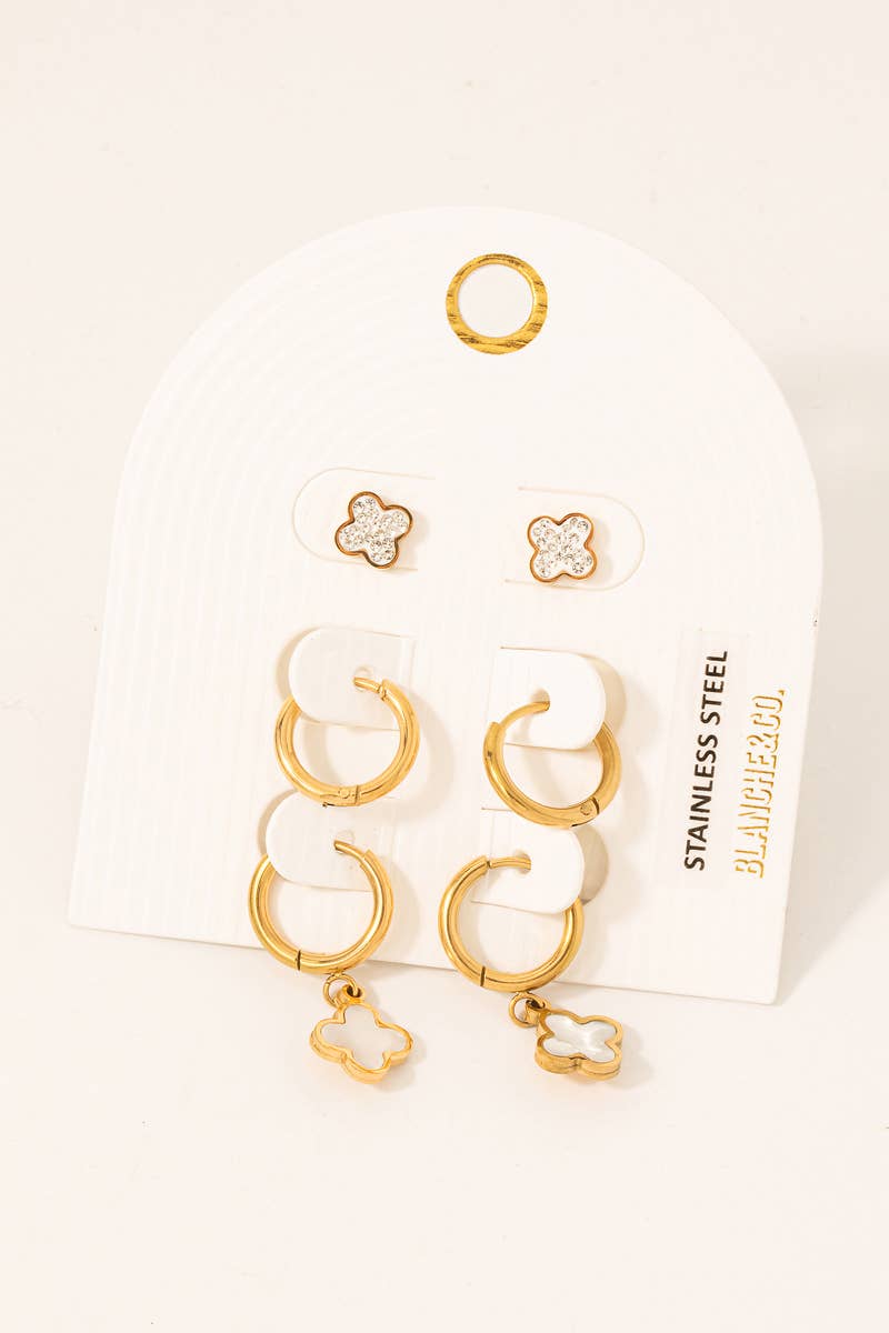 Stainless Steel Clover Charms Hoop Earrings Set