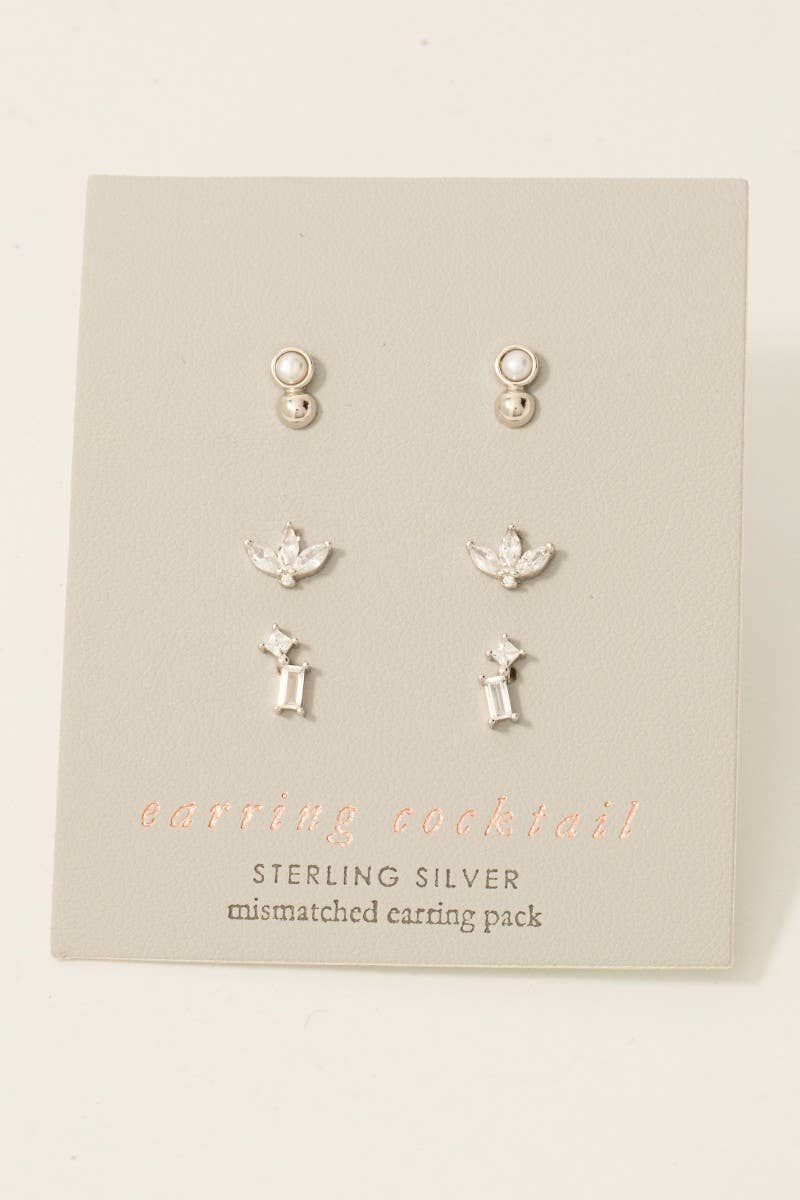 Mixed Sterling Silver Cz And Pearl Stud Earrings Set