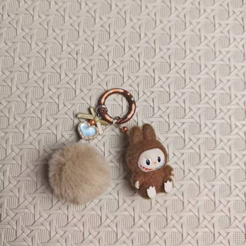 Flocked Mini Labubu Keychain Phone Charm with Fleece Poms