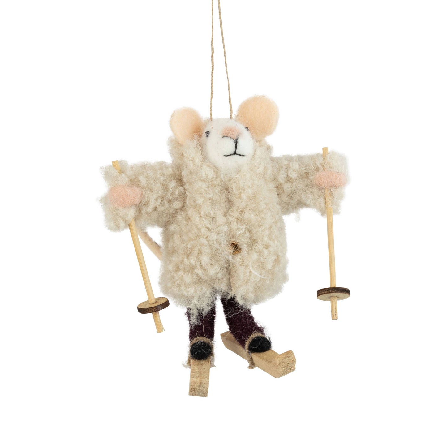 A13621: Felt mouse ornament in boucle coat with skis,4.9in