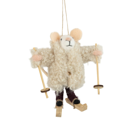 A13621: Felt mouse ornament in boucle coat with skis,4.9in