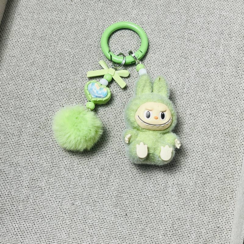 Flocked Mini Labubu Keychain Phone Charm with Fleece Poms