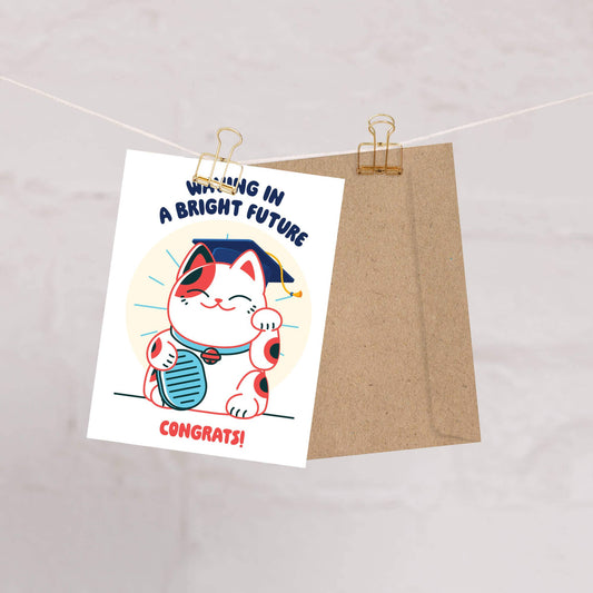 Lucky Cat Graduation Card | Japanese Maneki Neko Congratulations Cap