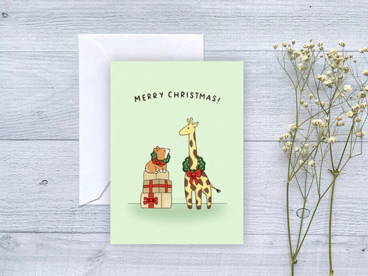 Giraffe & Corgi Wreaths Merry Christmas Greeting Card