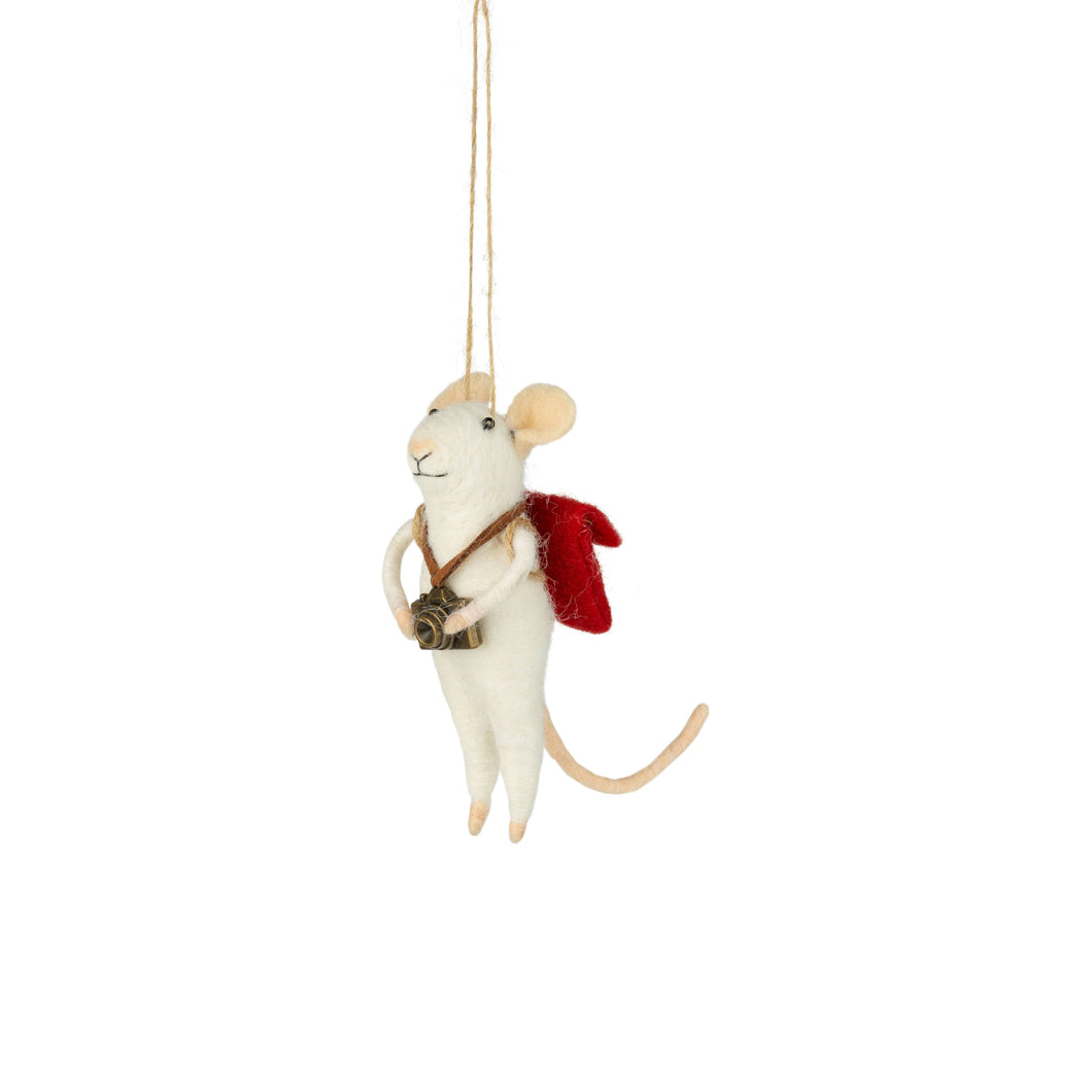 Felt Mouse Ornament :  Photographer mouse with camera and red backpack