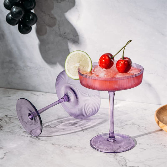 Set of 2 Ripple Ribbed Cocktail Coupe Colored Glasses