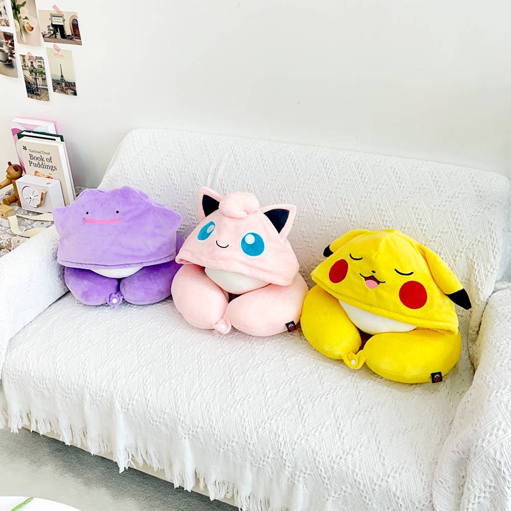 Poketmon Traveling, Daily Neck Pillow With Hoodie Cushion