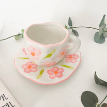 Load image into Gallery viewer, Pink flower ceramic mug and saucer, Folk hand painted mug
