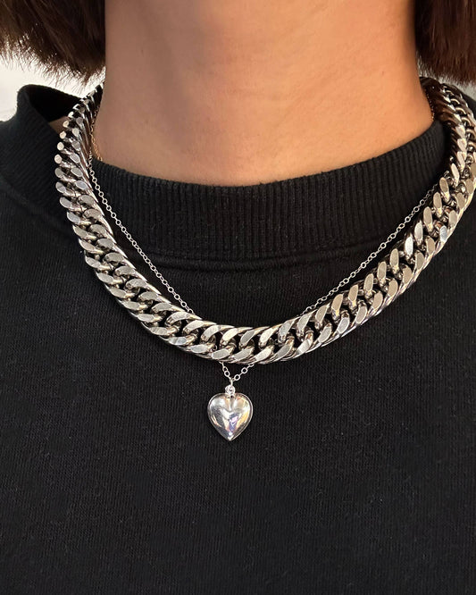 Chunky Heart Chain Necklace Set Silver Charm Pendant