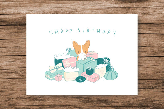 Corgi Birthday Present Pile Greeting Card