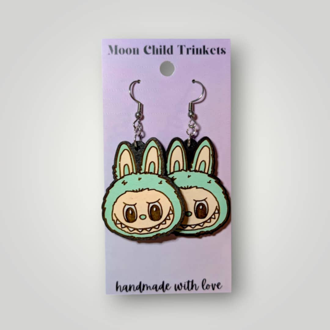 Labubu Monster Head Hand Painted Wood Earrings