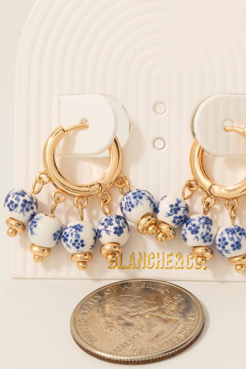 Floral Ceramic Bead Fringe Hoop Earrings