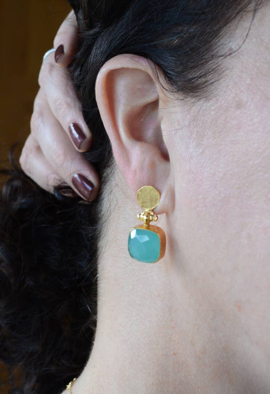 Cushion Cut Aqua Chalcedony Post Earrings