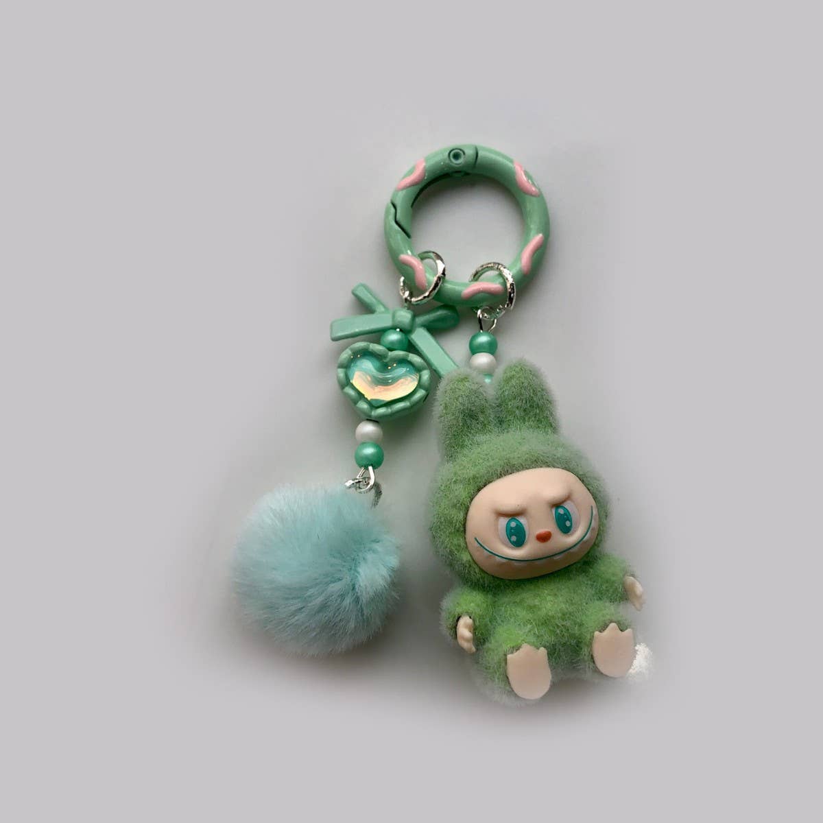 Flocked Mini Labubu Keychain Phone Charm with Fleece Poms