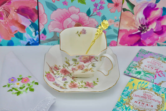 Dainty Romantic White and Pink Floral Teacup and Saucer