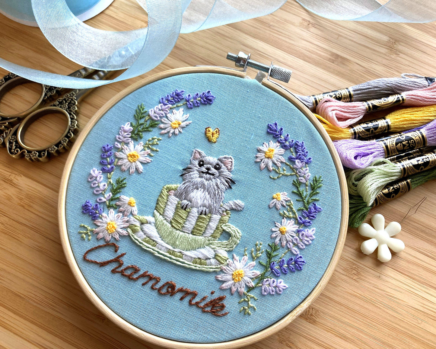 DIY Embroidery Kit Chamomile Tea / from Cat & Tea Collection