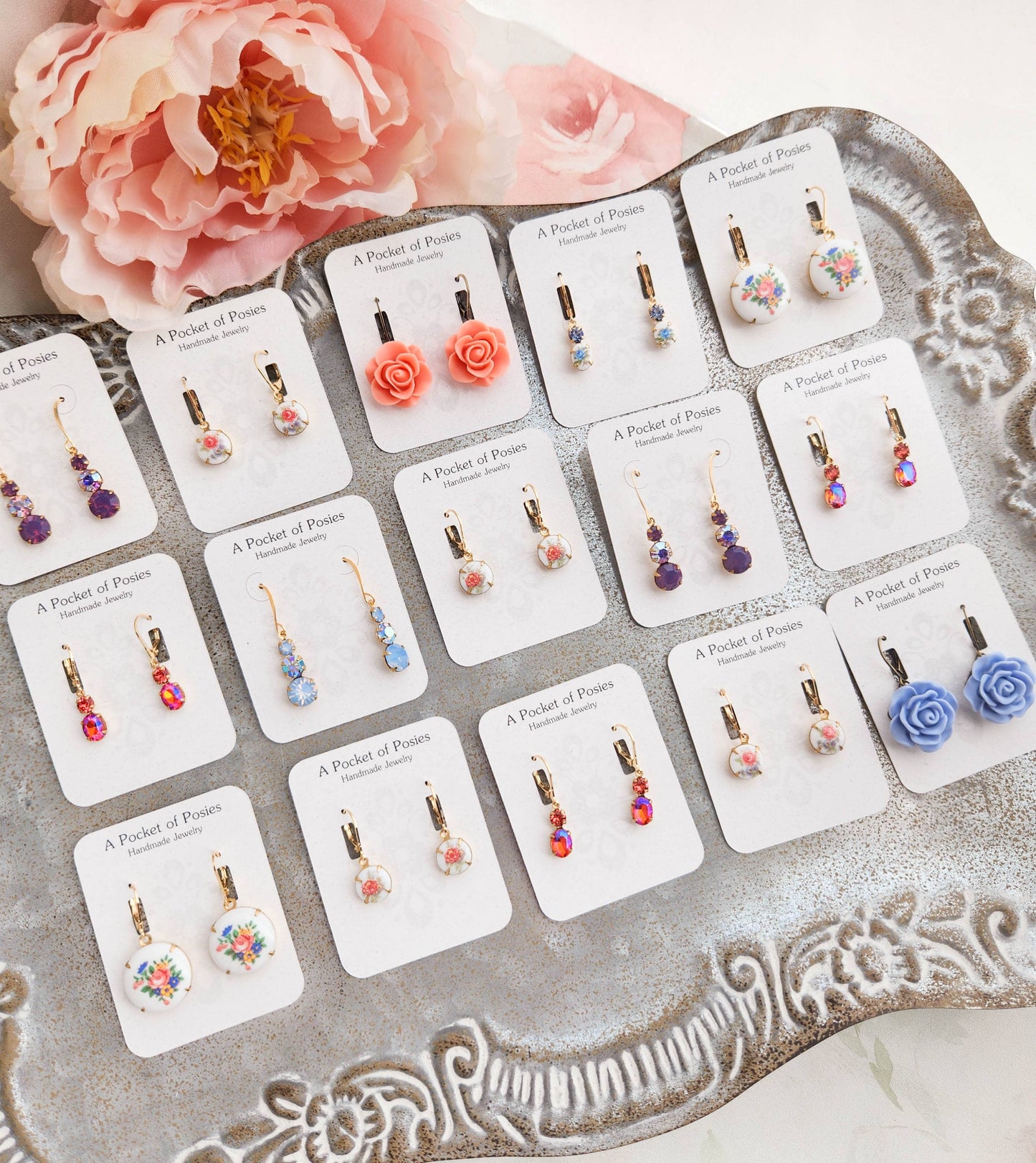 Little Blue Rose Cameo Earrings - Vintage Glass