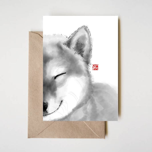 Smiling Shiba Inu Dog Greeting Card, Sumi Ink Art Happy Zen