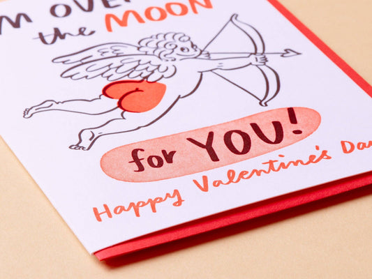 Over the Moon Cupid Valentine's Day Letterpress Greeting Card- Made in USA