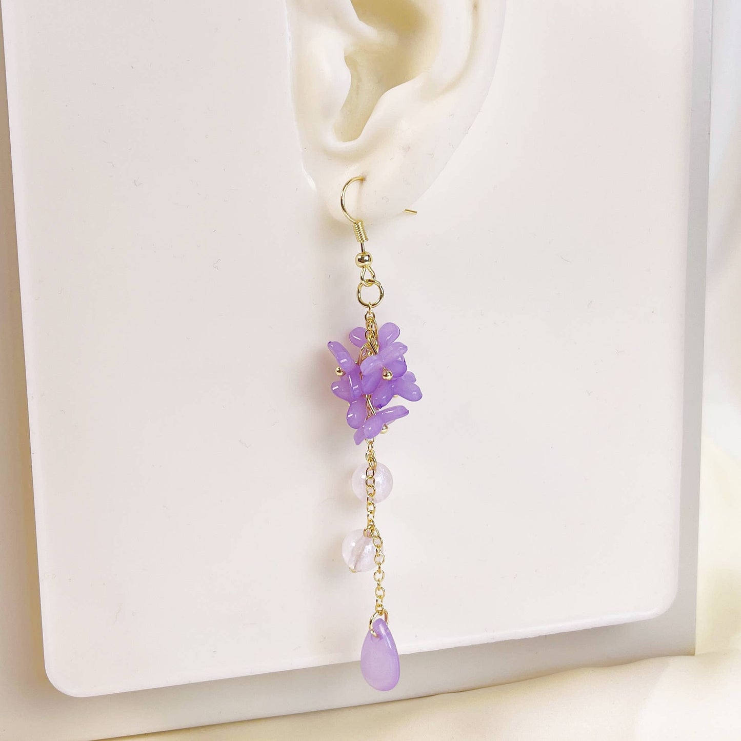 E195 purple lily flower long dangle beads earrings