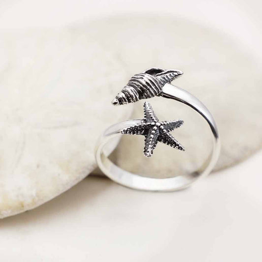 Sterling Silver Adjustable Starfish and Conch Shell Ring