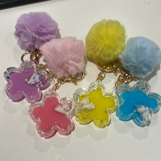 Pompom with large flower unicorn acrylic charm assorted colours