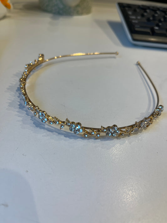 Cubic Zir Crystal Flower leaf gold metal headband thin