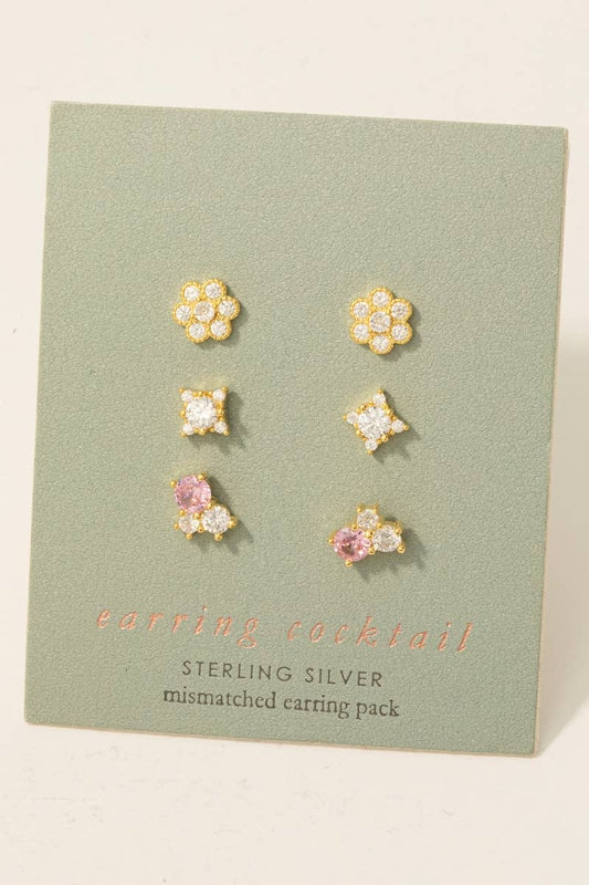 3 Pair Sterling Silver Cz Pave Stud Earrings Set
