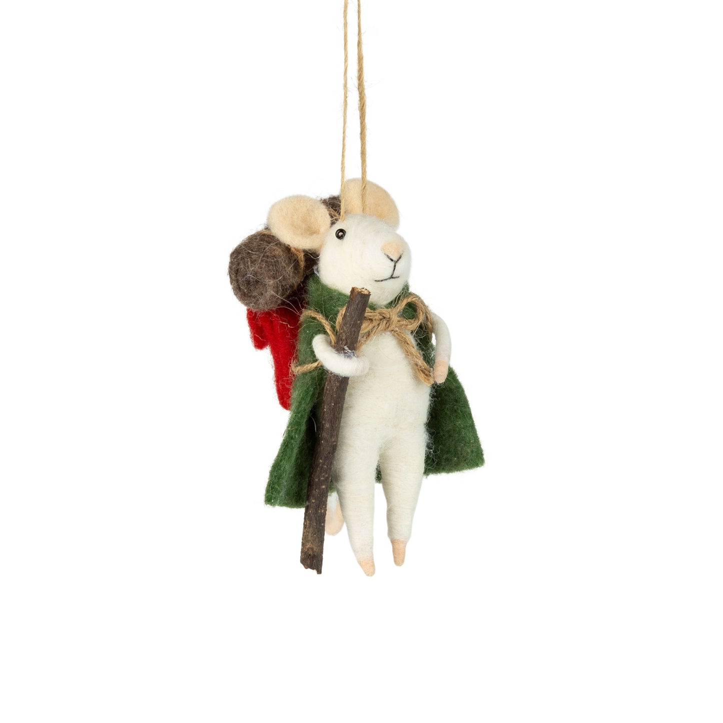 A13574: Felt hiking mouse orn,w/grn bkpack&walk stick,4.75in