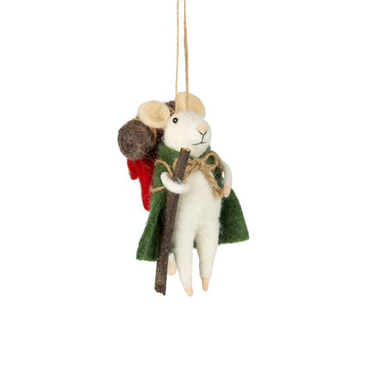 A13574: Felt hiking mouse orn,w/grn bkpack&walk stick,4.75in