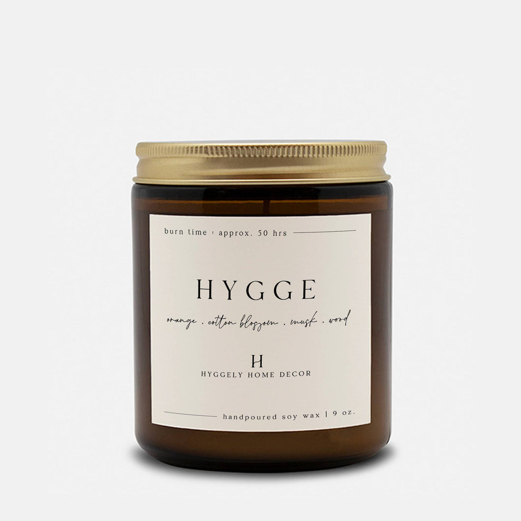 Hygge Soy Candle in Amber Jar with Gold Lid | 9 oz | 4 oz