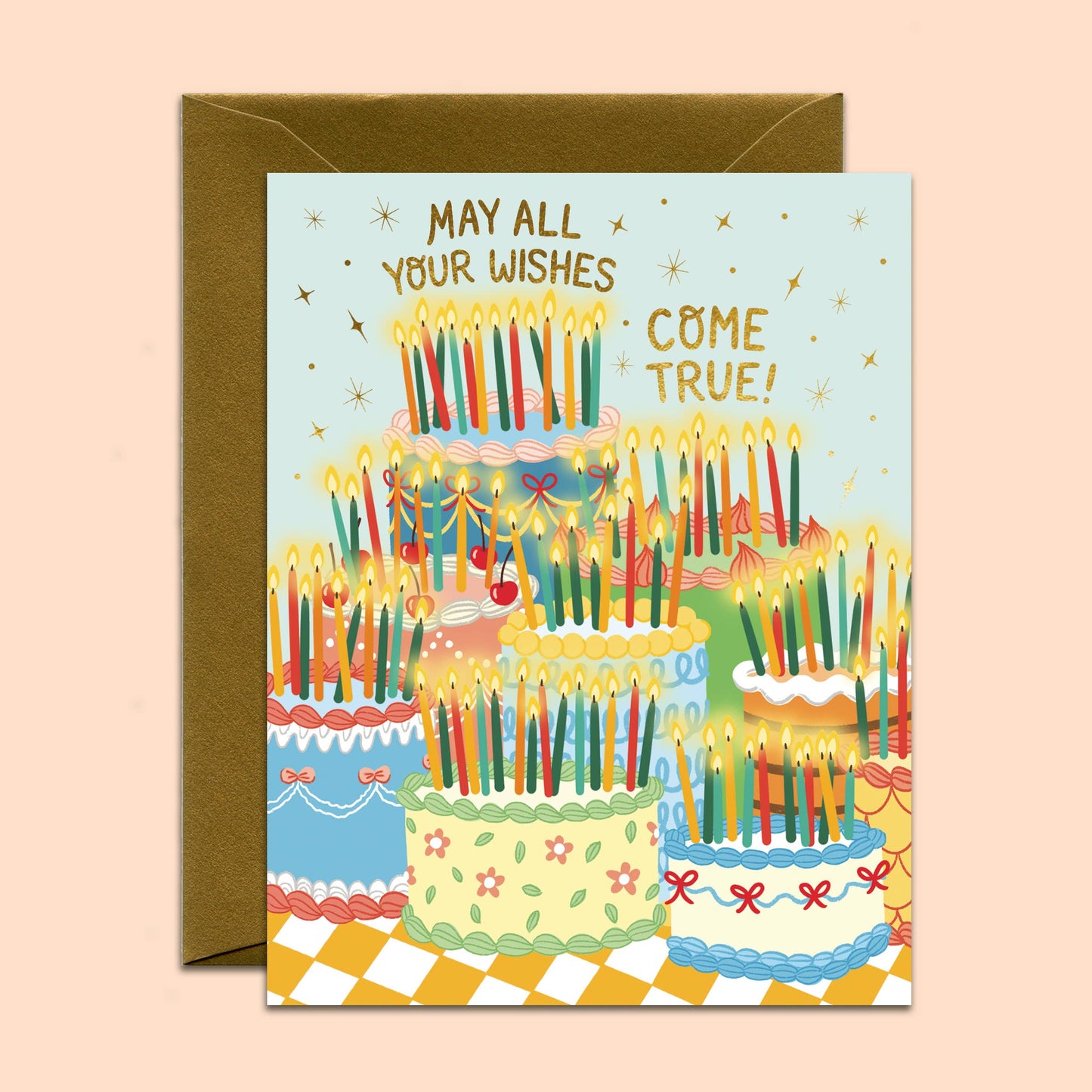 Many Wishes Retro Vintage Birthday Cakes Card *Foil Stamped*