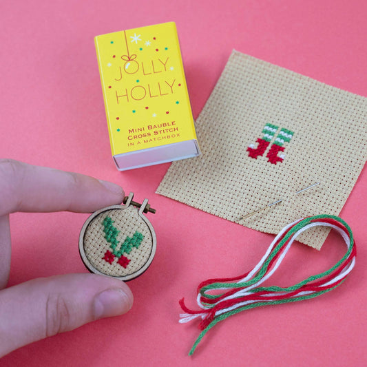 Christmas Bauble Jolly Holly cross stitch hoop In A Matchbox