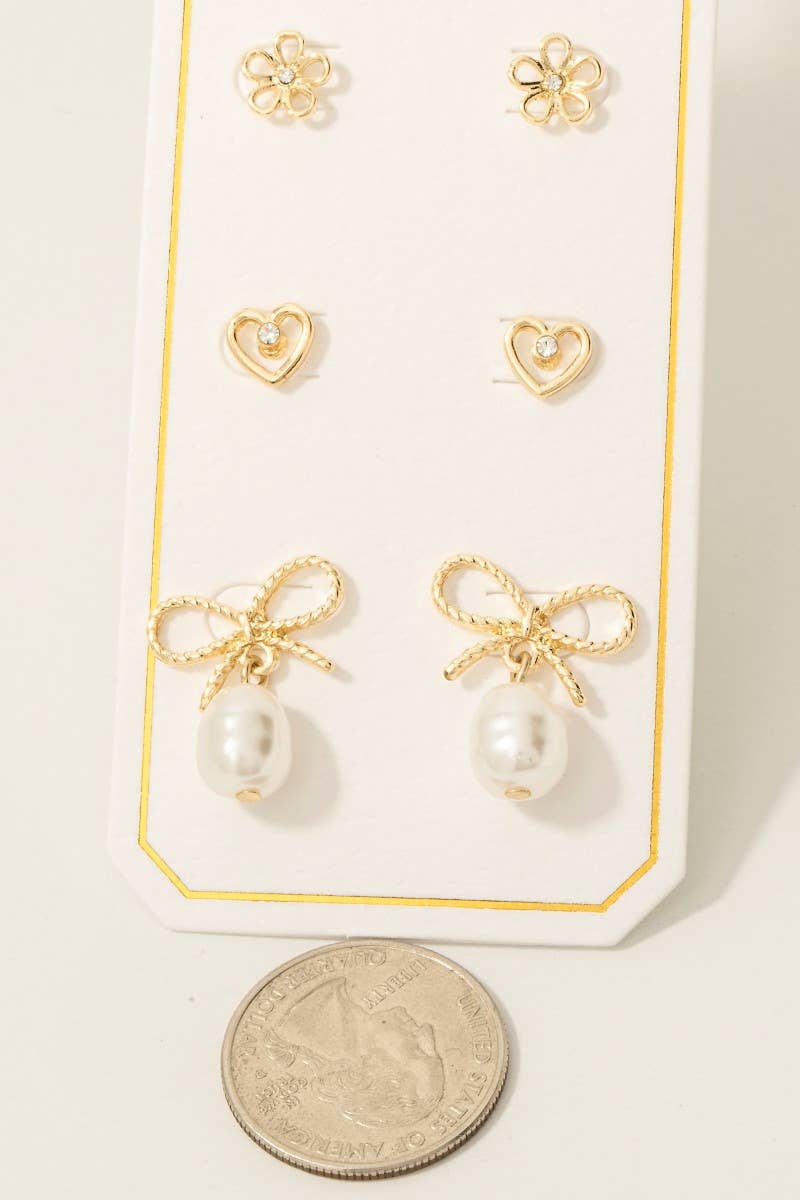 Pearl Charm Bow Heart And Flower Stud Earrings Set