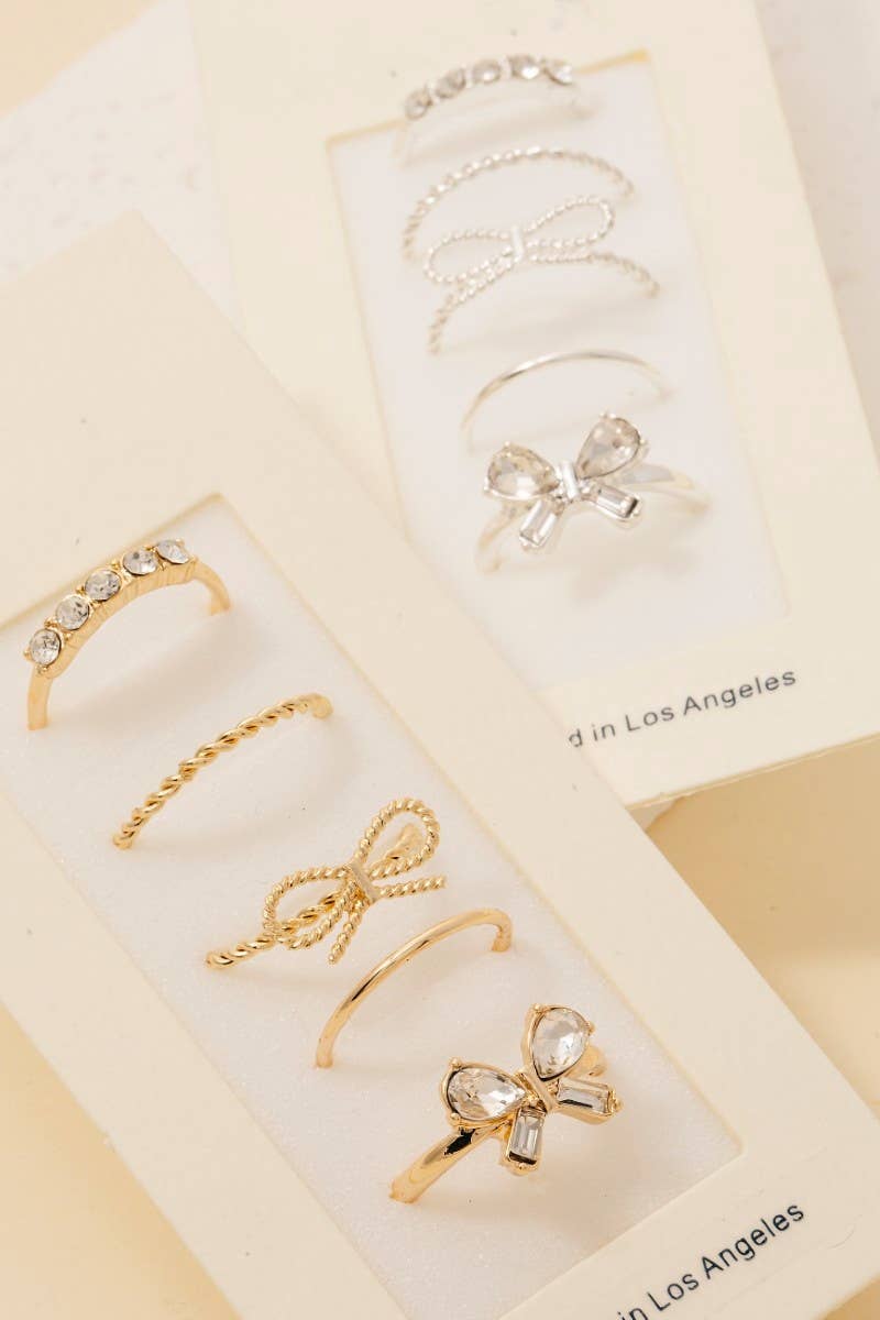 5Pc Dainty Rhinestone Bow Band Rings Set