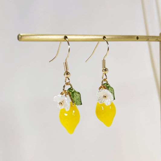 E215 lemon flower fruit dangle earrings, fruit earrings